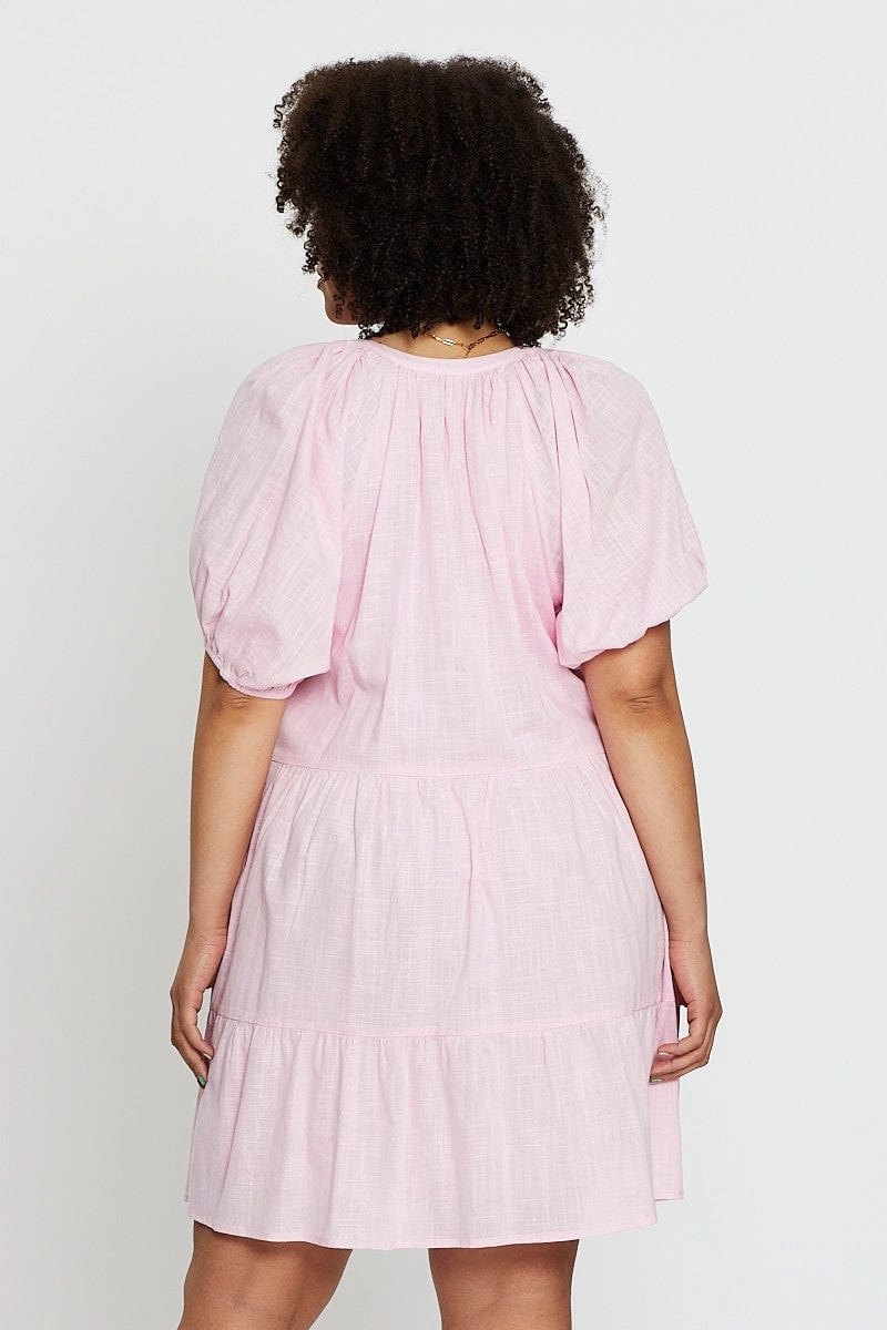 Pink Puff 3/4 Sleeve Textured Cotton Pink Layer Dress Warm Season Lower Hem