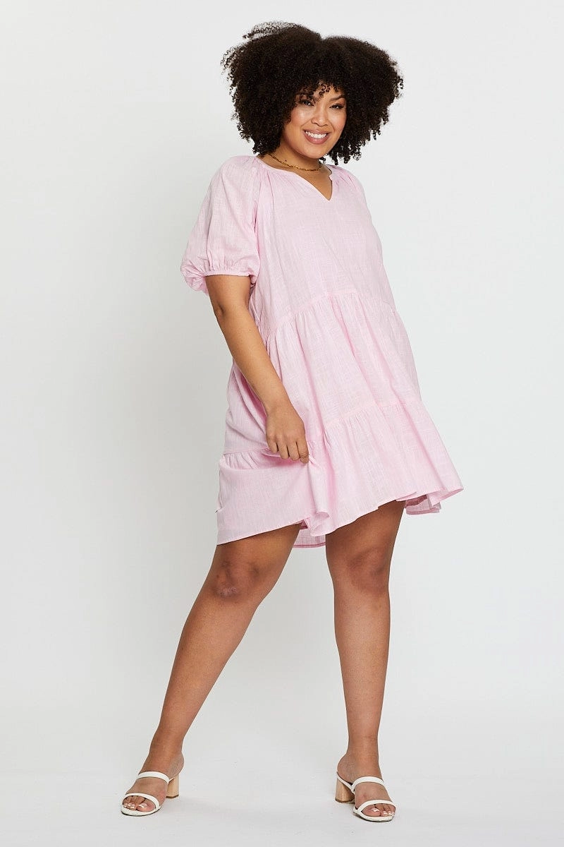 Pink Puff 3/4 Sleeve Textured Cotton Pink Layer Dress Quilted-Texture Flattering Layers