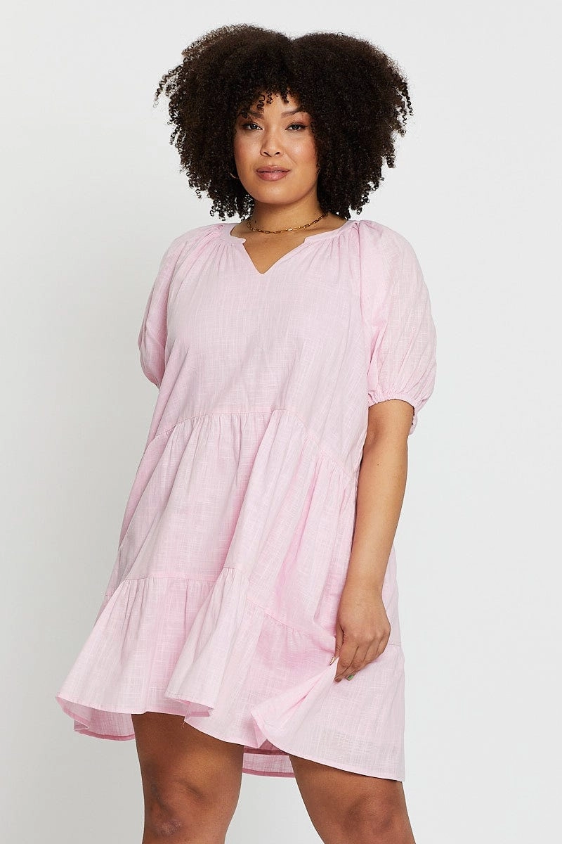 Pink Puff 3/4 Sleeve Textured Cotton Pink Layer Dress Retro Detail