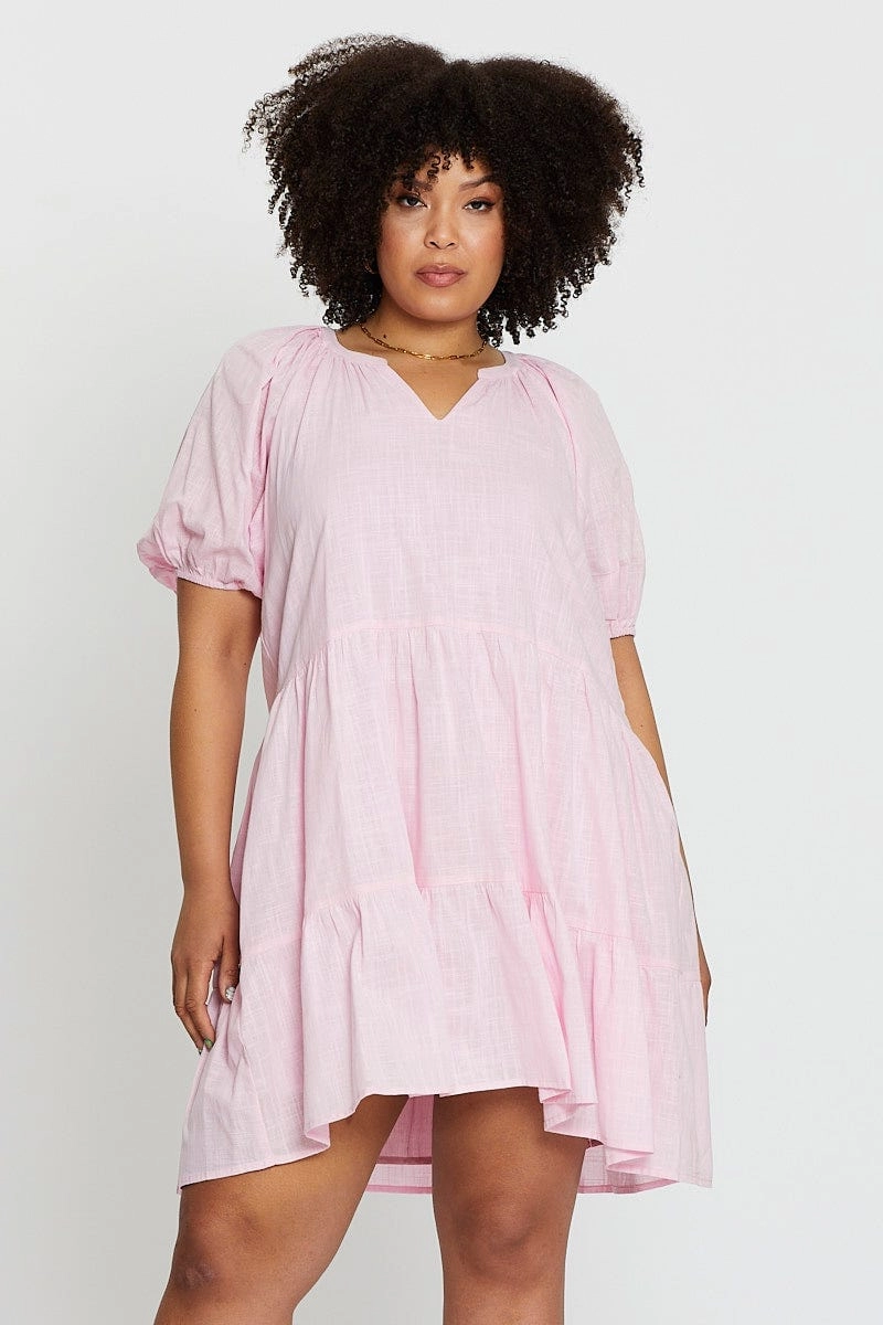 Pink Puff 3/4 Sleeve Textured Cotton Pink Layer Dress Feminine Details
