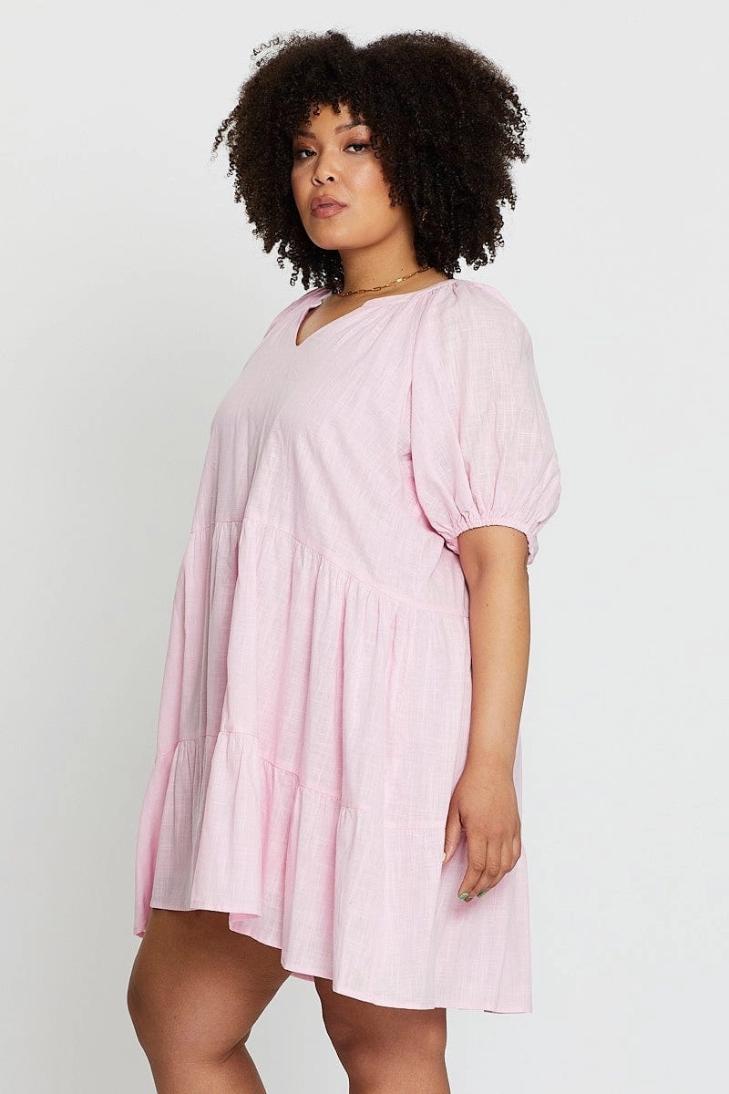 Urban Ready Pink Puff 3/4 Sleeve Textured Cotton Pink Layer Dress