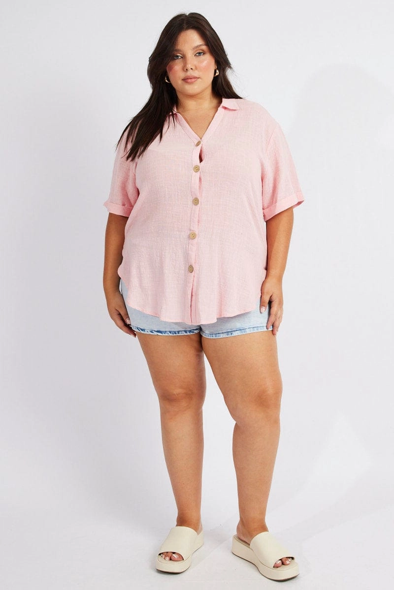 Minimalist Fit Comfort Stretch Pink Relaxed Shirt Short Sleeve