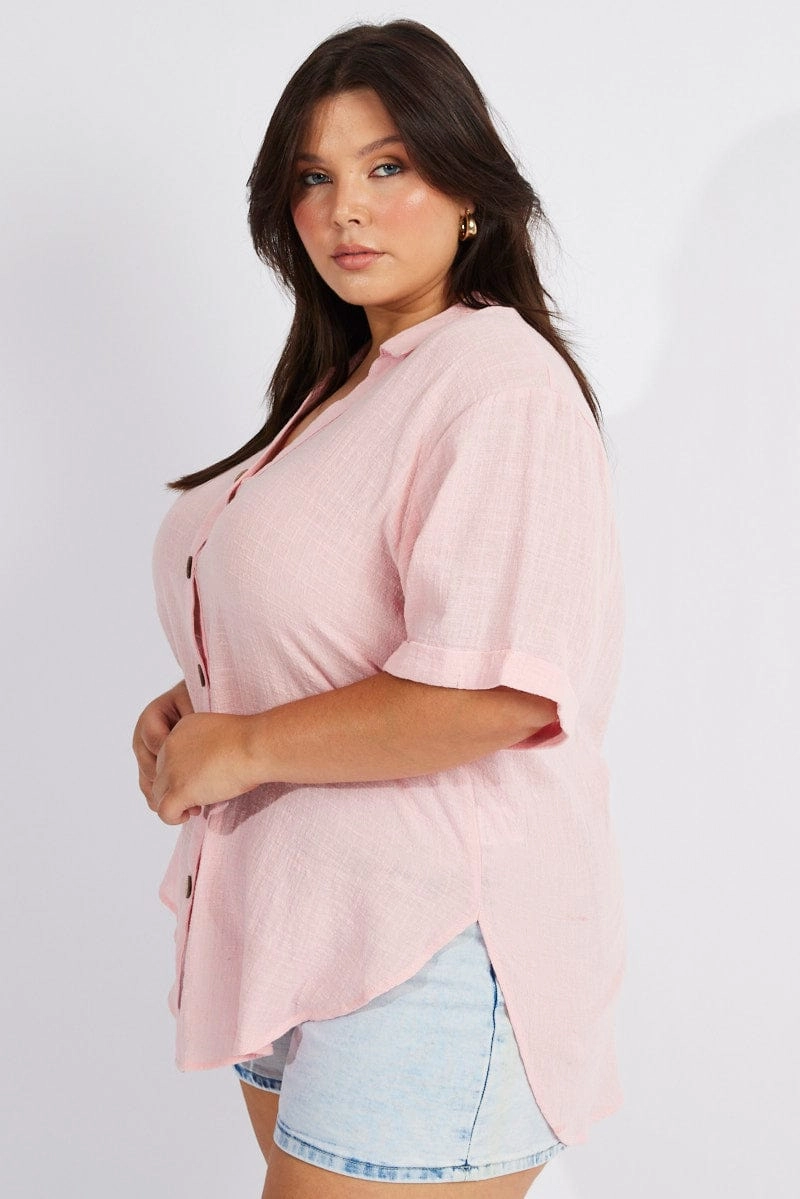Pink Relaxed Shirt Short Sleeve Tuckable Hem