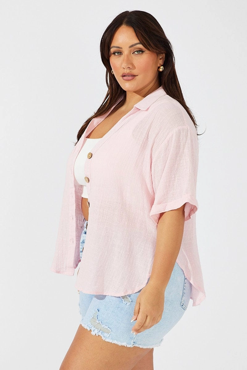 Pink Relaxed Shirt Short Sleeve Breathable Comfort Mature Elegance