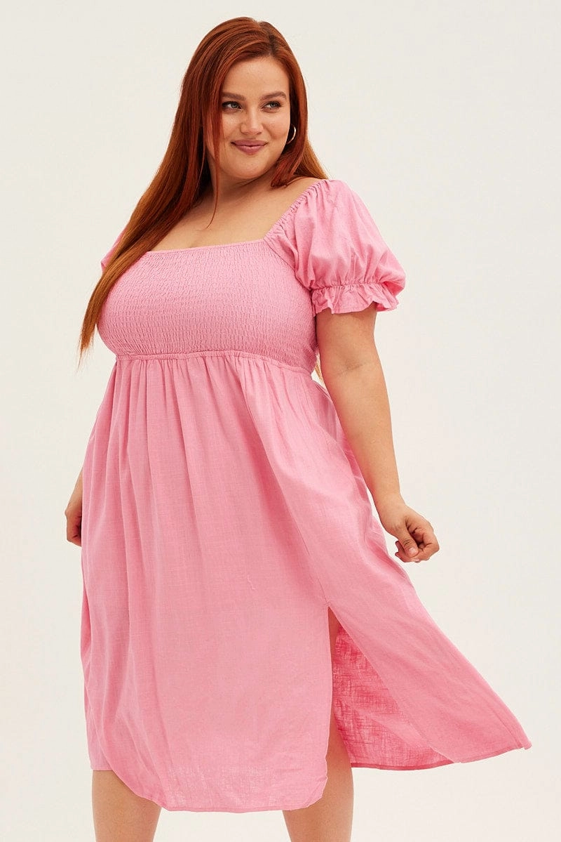 Bold Movement Fresh Look Pink Shirred Short Sleeve Linen Blend Midi Dress