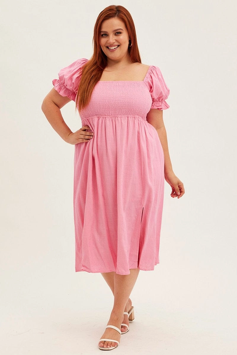 Fit Base Flawless Fit Pink Shirred Short Sleeve Linen Blend Midi Dress