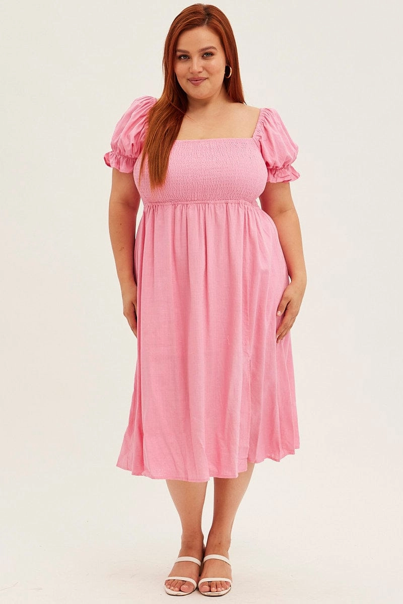 Pink Shirred Short Sleeve Linen Blend Midi Dress Shine Moment