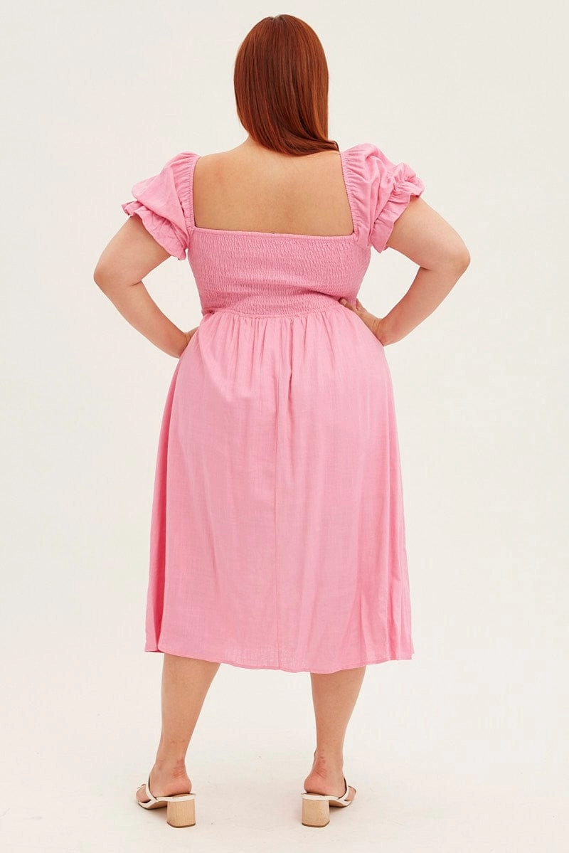 Playful touch Pink Shirred Short Sleeve Linen Blend Midi Dress
