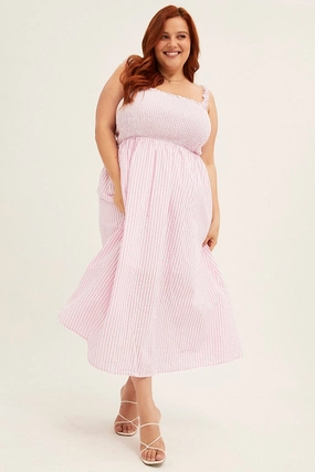Perfect Layers Water-Repellent-Finish Pink Stripe Midi Dress Frill Shoulder Sleeveless Shirred Bust