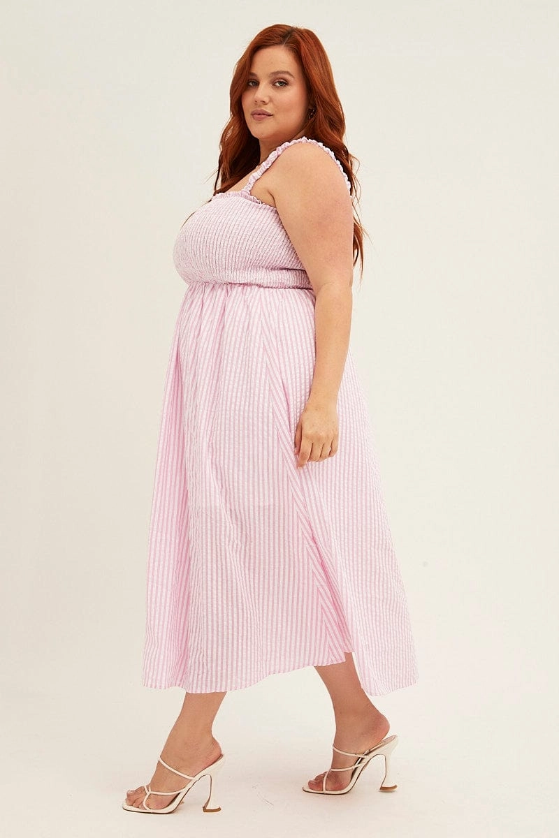 Daytime Mood Chic Ensemble Pink Stripe Midi Dress Frill Shoulder Sleeveless Shirred Bust