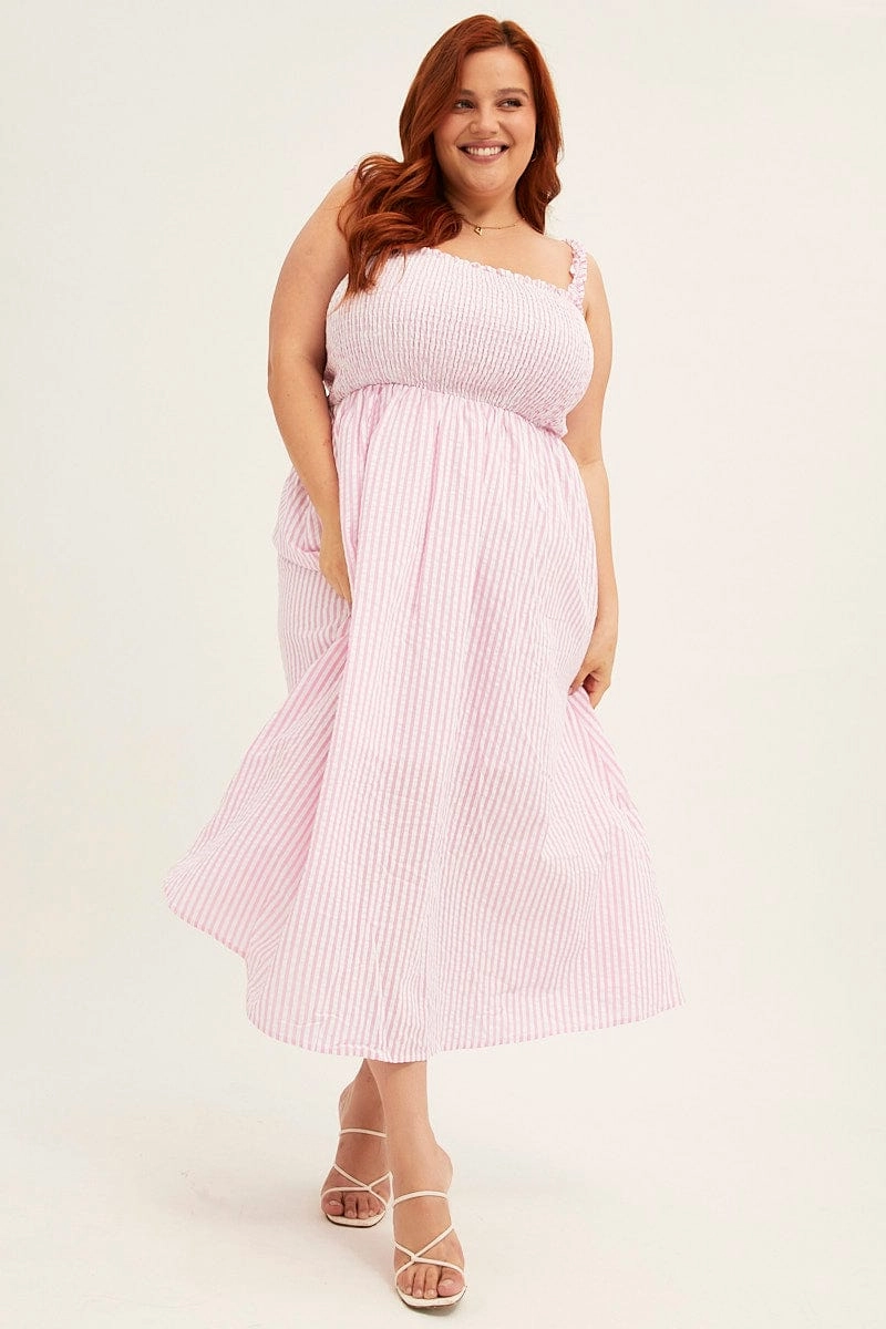 Perfect Layers Water-Repellent-Finish Pink Stripe Midi Dress Frill Shoulder Sleeveless Shirred Bust