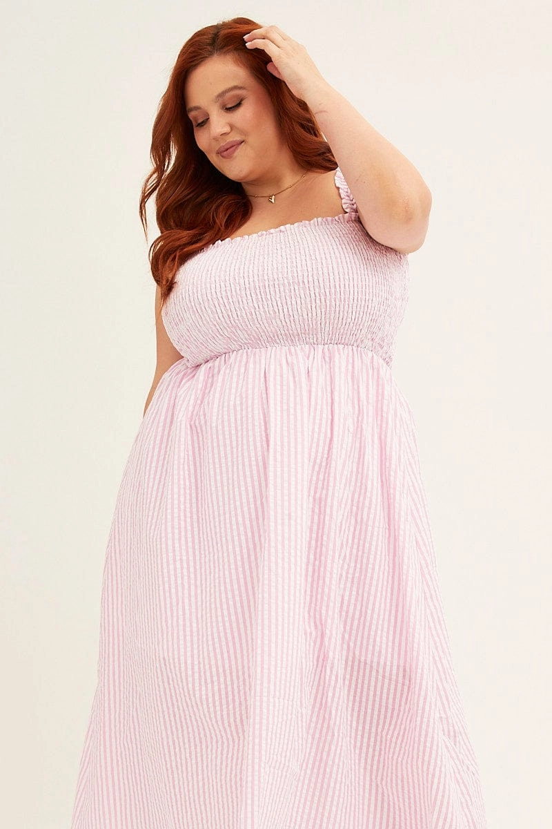 Contemporary Vibe Chic casual Pink Stripe Midi Dress Frill Shoulder Sleeveless Shirred Bust