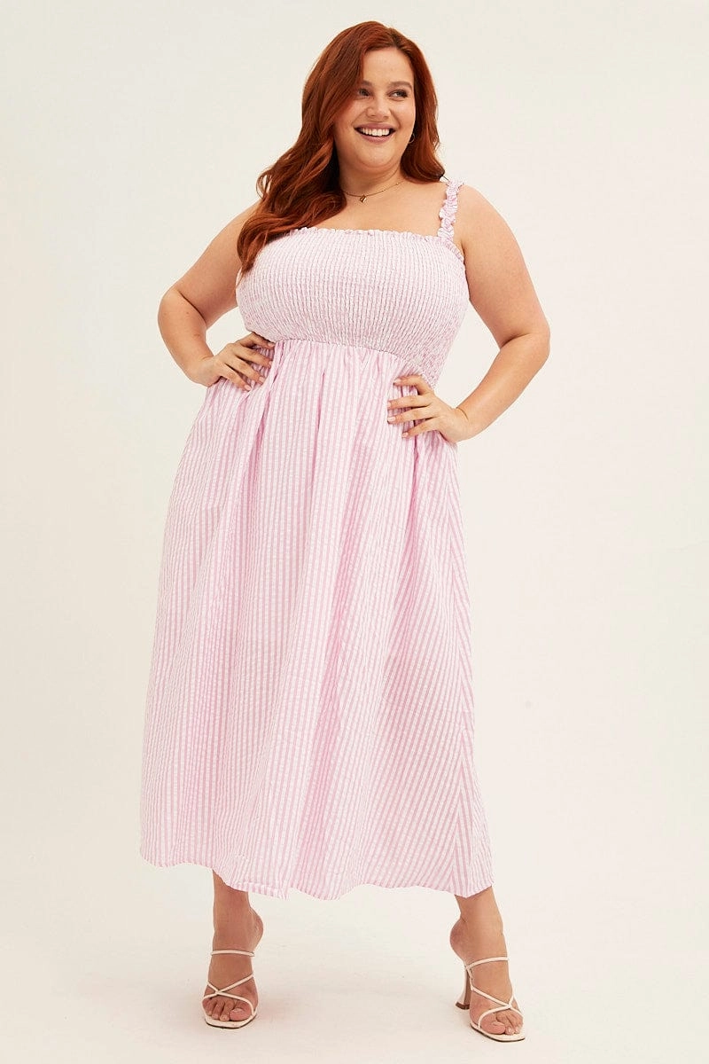 Pink Stripe Midi Dress Frill Shoulder Sleeveless Shirred Bust Style Blend