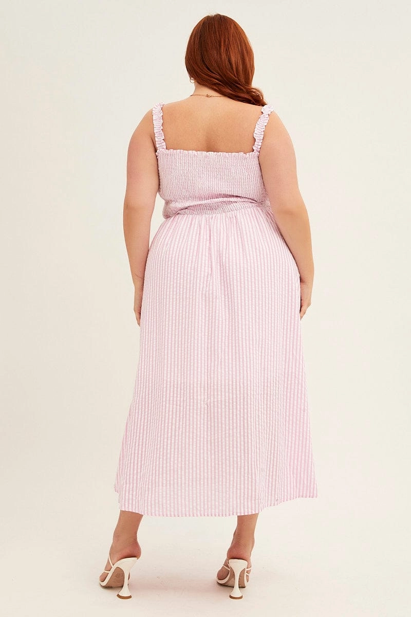 Pink Stripe Midi Dress Frill Shoulder Sleeveless Shirred Bust Classic Flow