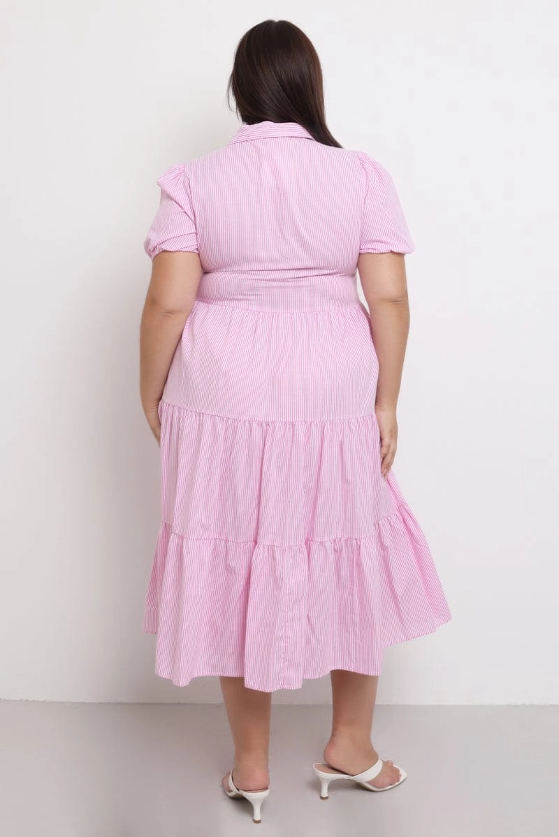 Pink Stripe Shirt Dress Short Sleeve Tiered Body Harmony