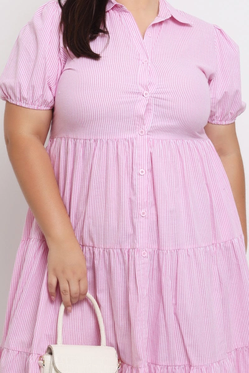 Chic Tailoring Pink Stripe Shirt Dress Short Sleeve Tiered