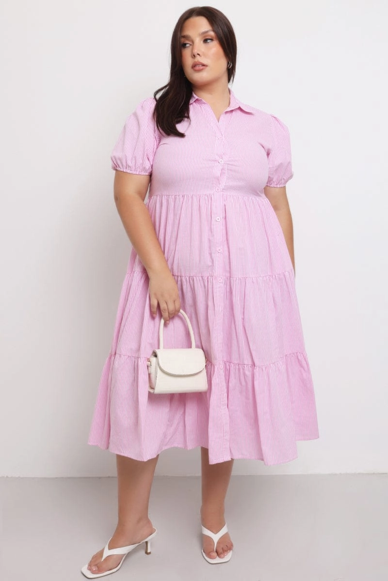 All Fitwear Pink Stripe Shirt Dress Short Sleeve Tiered