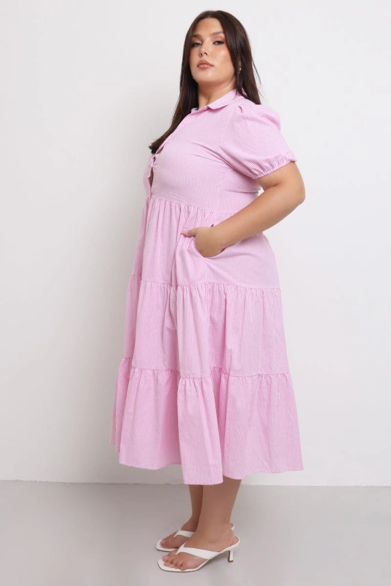 Trendy Layering Street Mood Pink Stripe Shirt Dress Short Sleeve Tiered