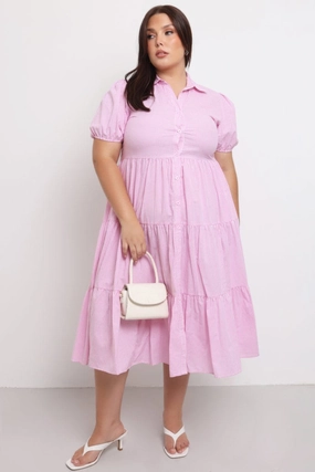 All Fitwear Pink Stripe Shirt Dress Short Sleeve Tiered
