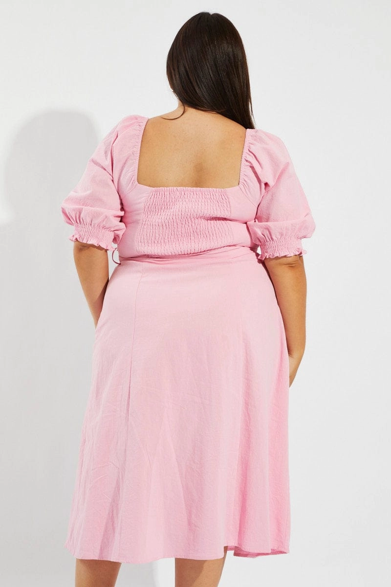 Casual Silhouette Pink Tie Puff Sleeve Midi Dress