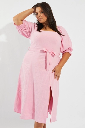 Comfy Shape Elastic-Waist Pink Tie Puff Sleeve Midi Dress