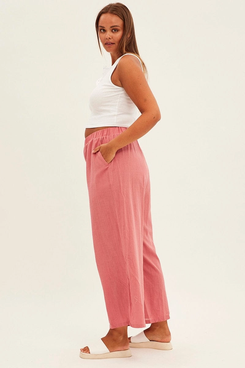 Embroidered Detail All-Purpose Wear Pink Wideleg Pants Cotton Elastic Waist Relaxed Fit