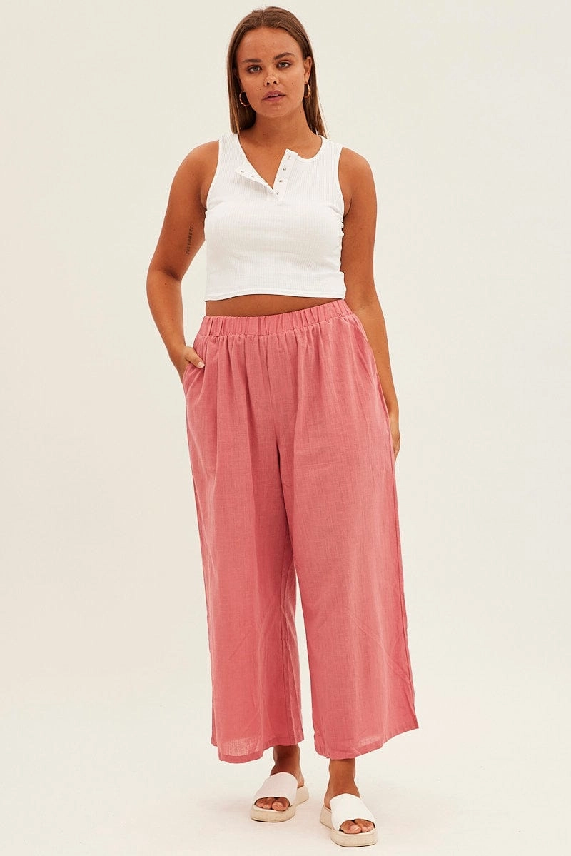 Pink Wideleg Pants Cotton Elastic Waist Relaxed Fit UVProtectiveLayer Bi Stretch Fabric