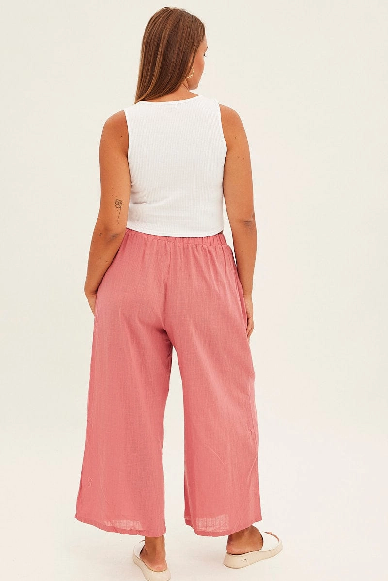 AntiStaticTreatment Non Slip Waistband Pink Wideleg Pants Cotton Elastic Waist Relaxed Fit