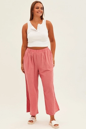 Pink Wideleg Pants Cotton Elastic Waist Relaxed Fit Perfect Comfort Simple Cut