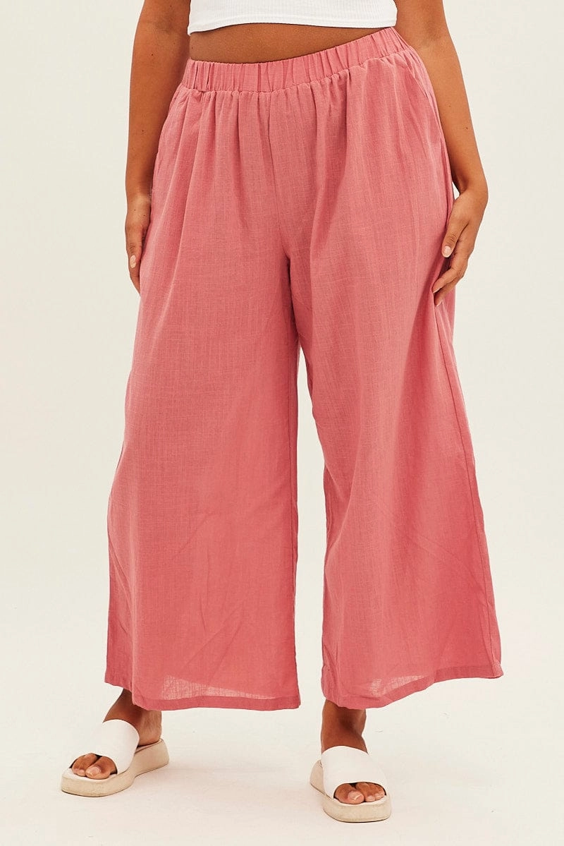 AllDayCompression Minimalist Look Pink Wideleg Pants Cotton Elastic Waist Relaxed Fit