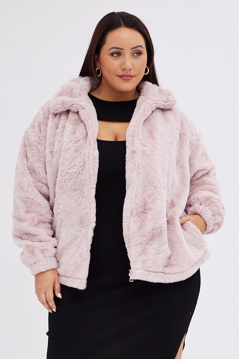 Pink Zip Jacket Lined Plush Faux Fur Wind Blocking Fabric