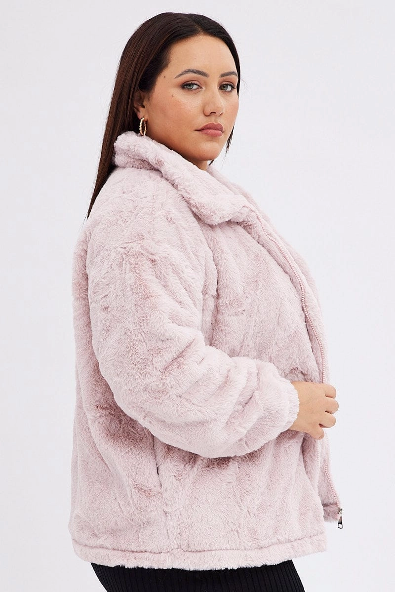 Pink Zip Jacket Lined Plush Faux Fur Non Restrictive Movement Cut