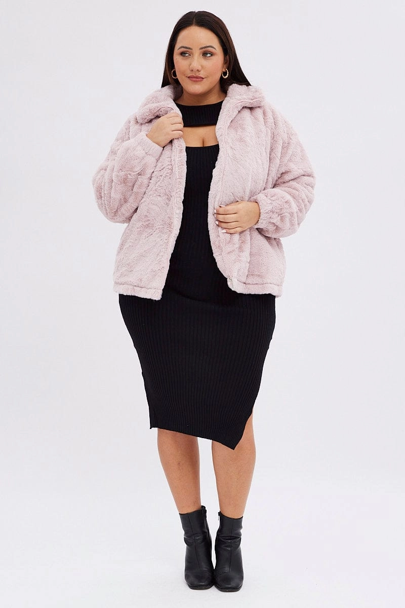 Eco Friendly Production Pink Zip Jacket Lined Plush Faux Fur