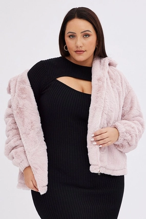 Pink Zip Jacket Lined Plush Faux Fur Two Way Zipper Comfortable Fabric