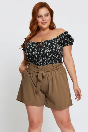 Green Shorts High Rise Elastic Waist Flexible Stretch Waist floral shorts