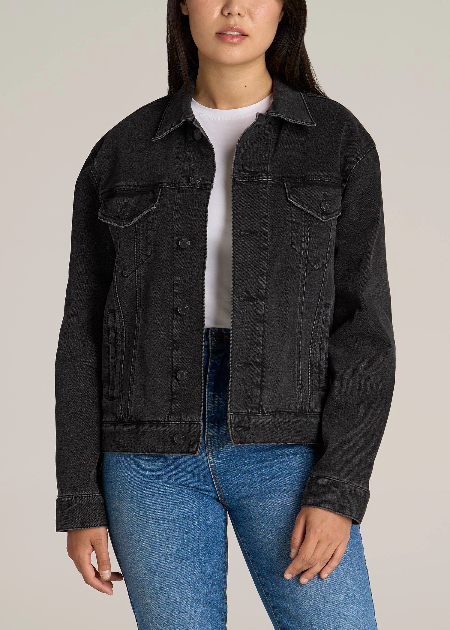 Women's Relaxed Tall Denim Jacket in Black Stone Wash Flexible Elasticity Reversible Style