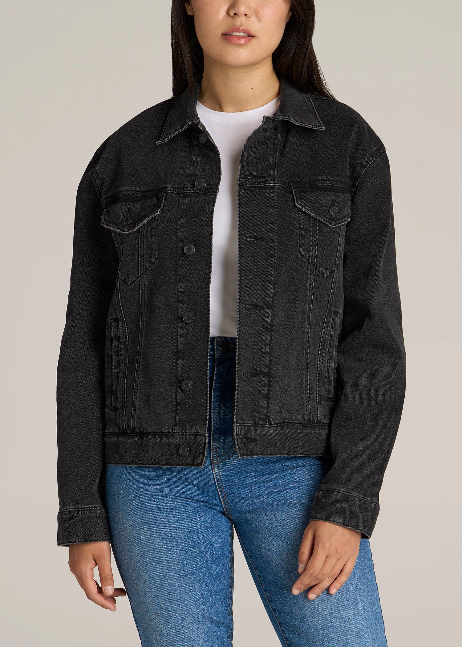 Women's Relaxed Tall Denim Jacket in Black Stone Wash Odor Resistant Tech