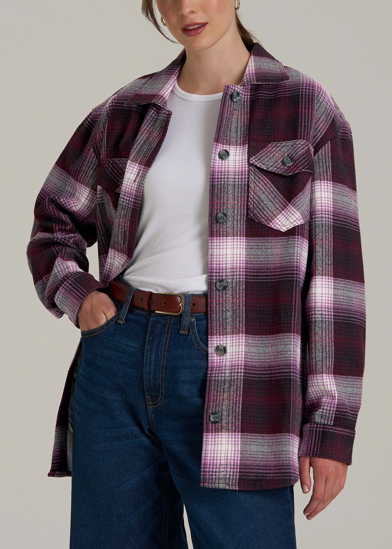 Cold Weather Gear Flannel Shacket for Tall Women in Tawny Port Plaid