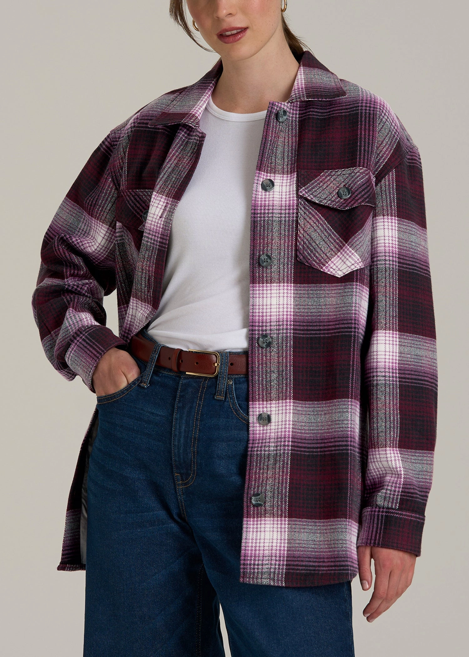 Flannel Shacket for Tall Women in Tawny Port Plaid WaterResistant Coating