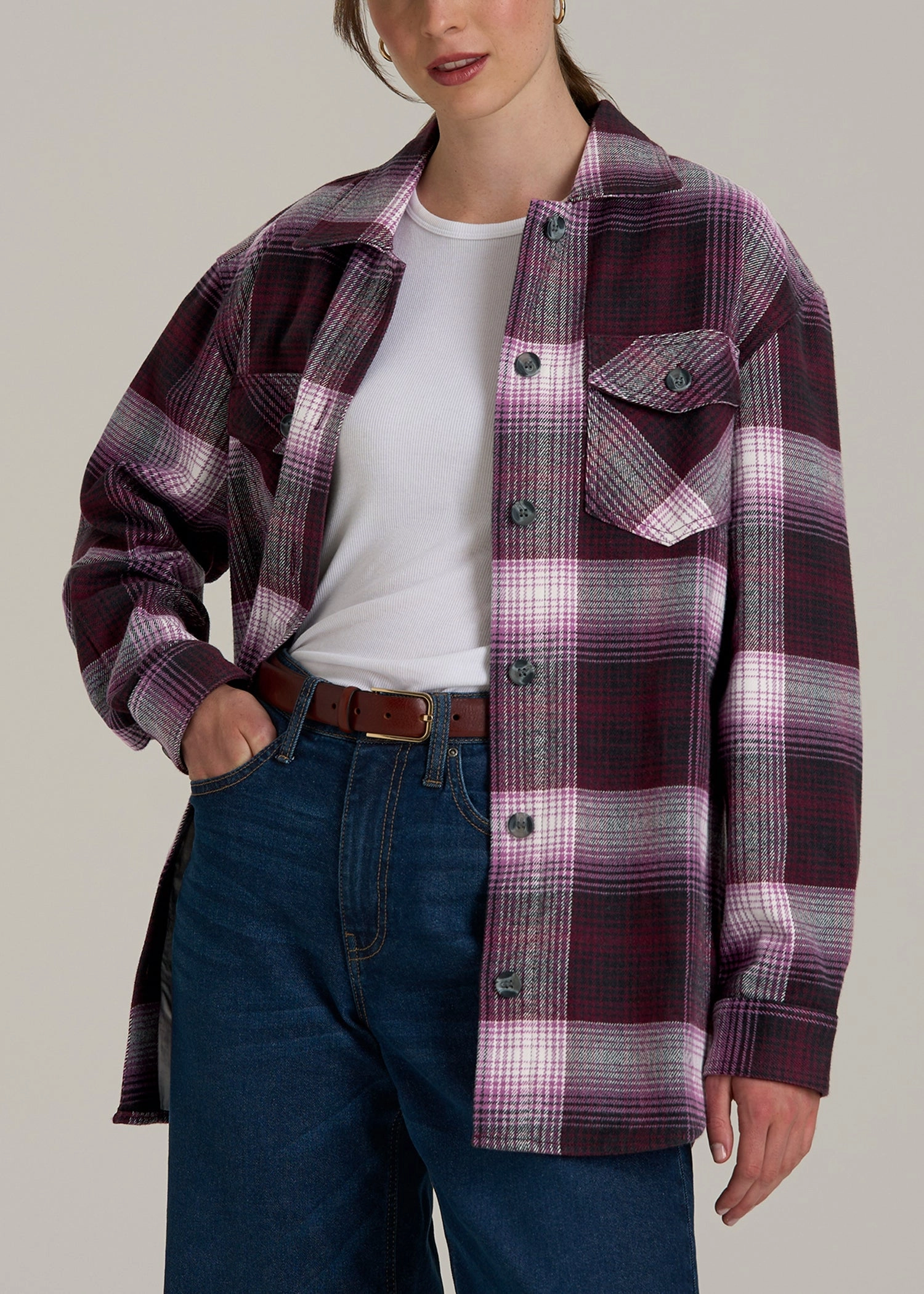 Flannel Shacket for Tall Women in Tawny Port Plaid Polarized Sun Protection All Occasion