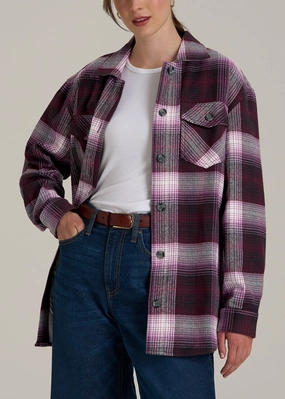 Noise Reduced Fasteners Flannel Shacket for Tall Women in Tawny Port Plaid