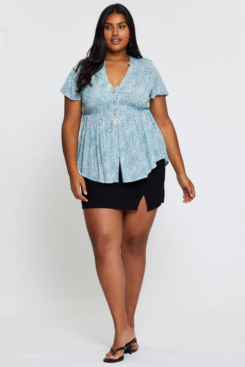 Geo Print Shirred Shirt Short Sleeve Versatile Layering