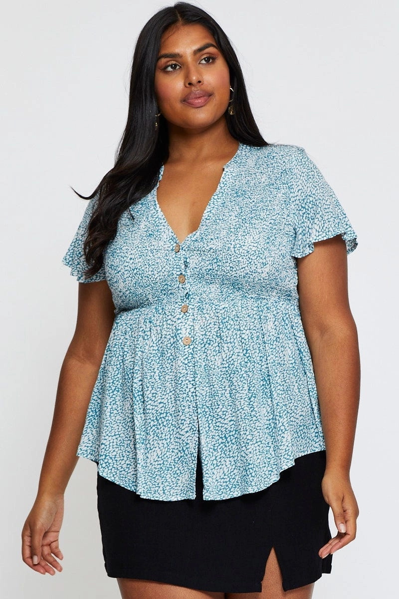 Geo Print Shirred Shirt Short Sleeve Sustainable Manufacturing Process Odor Control Technology