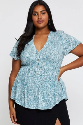 Geo Print Shirred Shirt Short Sleeve Layered Collar City Exploration