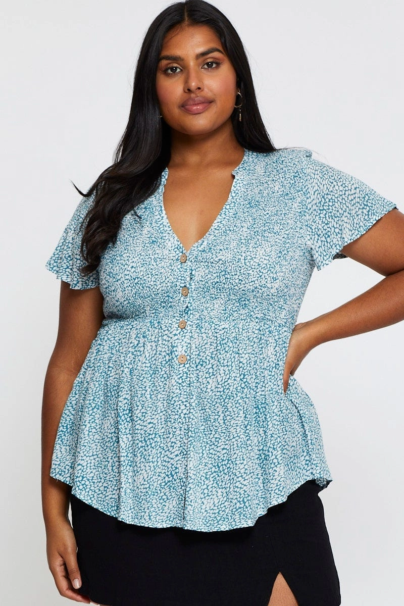 Geo Print Shirred Shirt Short Sleeve Layered Collar City Exploration