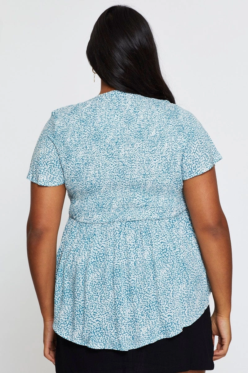 Lace Accent Geo Print Shirred Shirt Short Sleeve