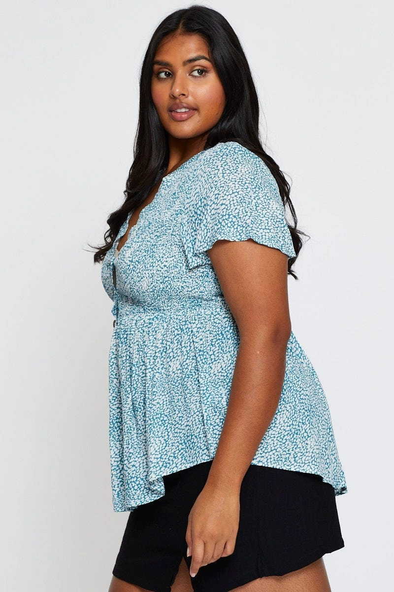 Geo Print Shirred Shirt Short Sleeve Boho chic