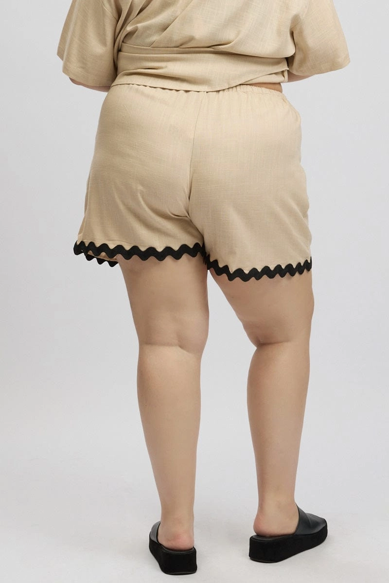 Beige Ric Rac Trim Linen Blend Shorts Fun Prints All Day Wear