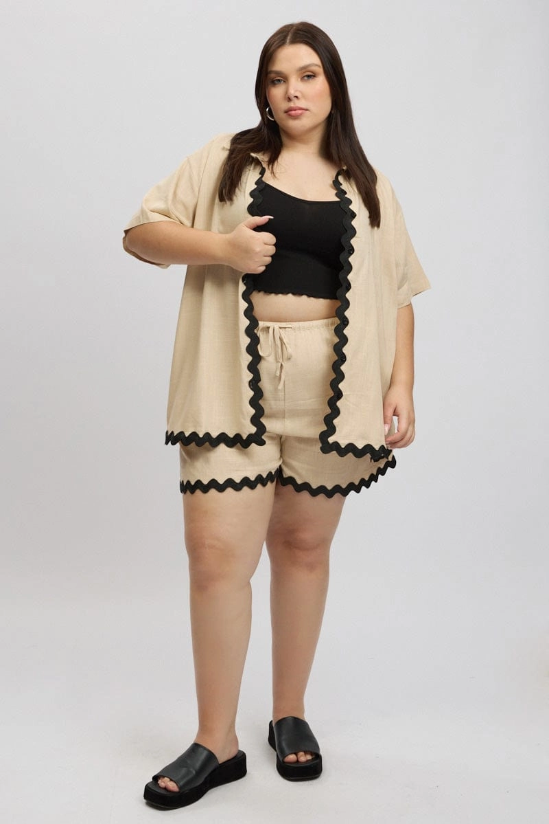 Tear Resistant Weave formal alternative Beige Ric Rac Trim Linen Blend Shorts