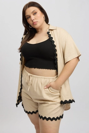 Beige Ric Rac Trim Linen Blend Shorts concert outfit Breathable Flex